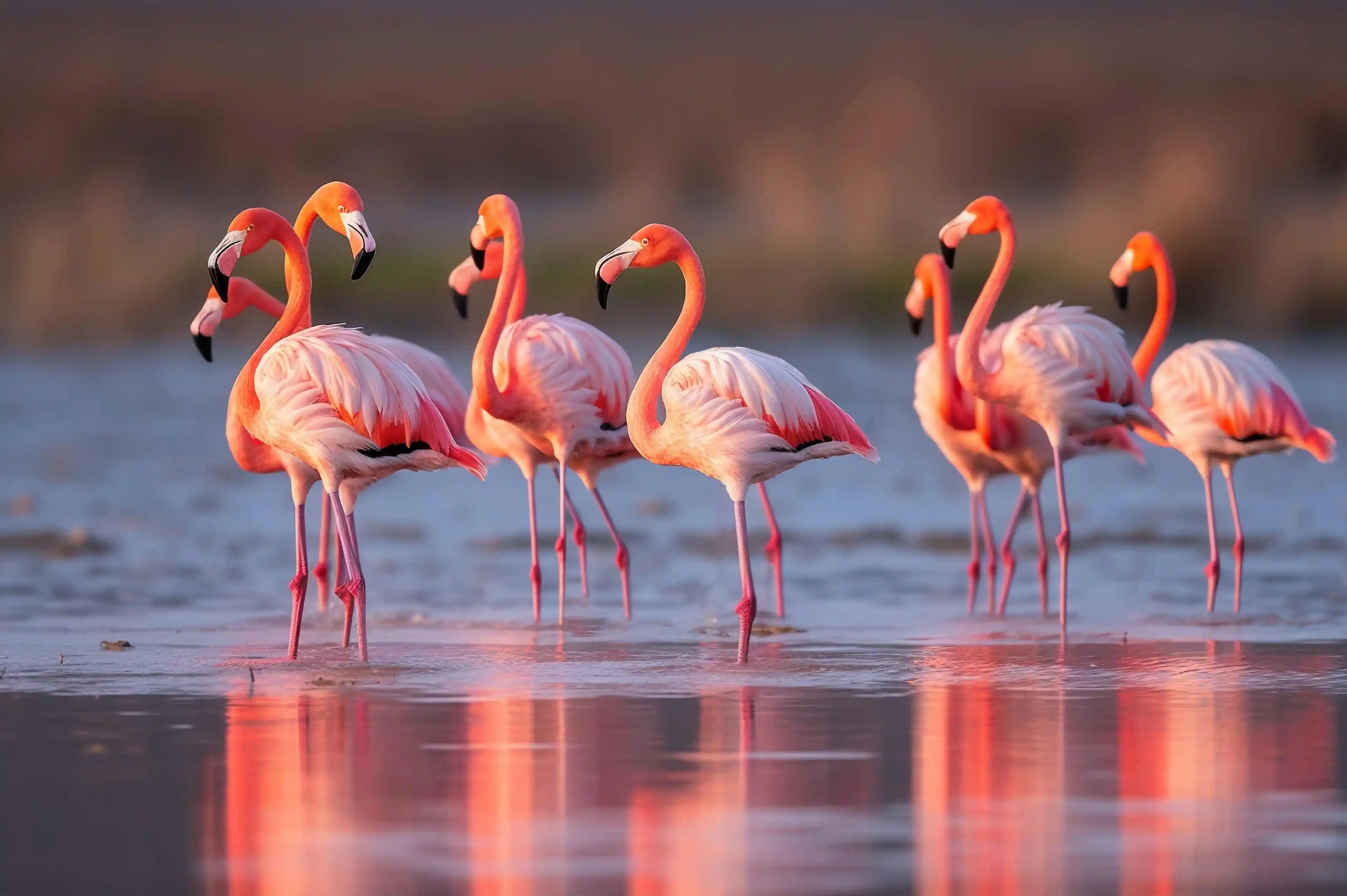A picture of flamingoes on a green field.